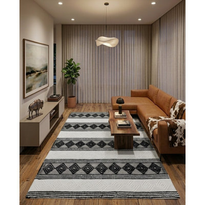 Kilim tissé à la main et à plat à plat noir contemporain | Tapis intérieur blanc en laine et coton