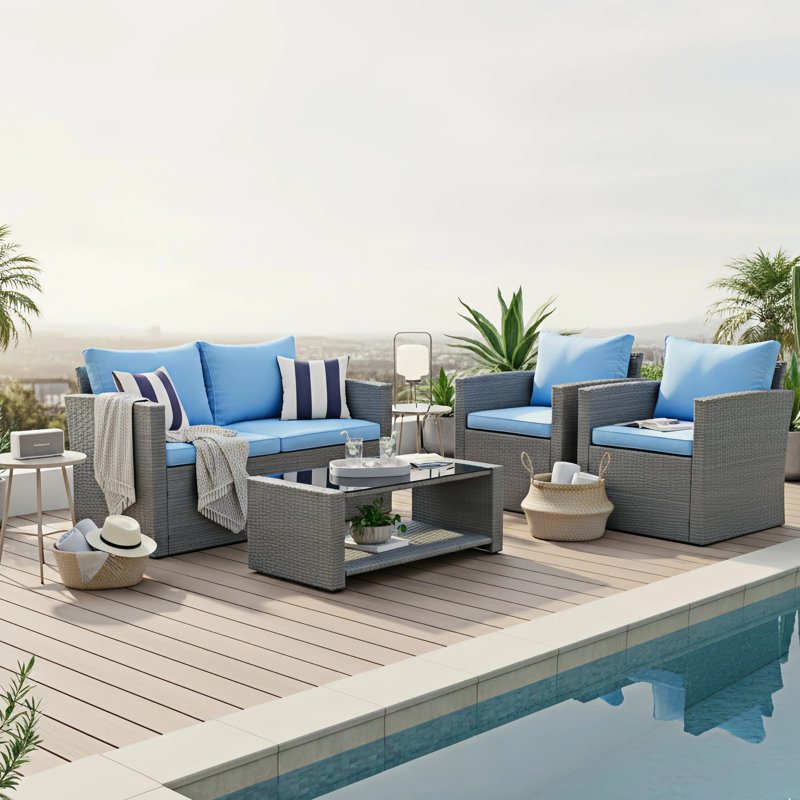 Arlington Outdoor Wicker 4 Piece Seating Group, Blue