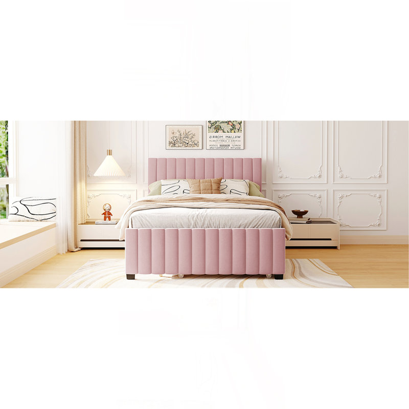 Lit plateforme double en velours avec lit gigogne, Rose