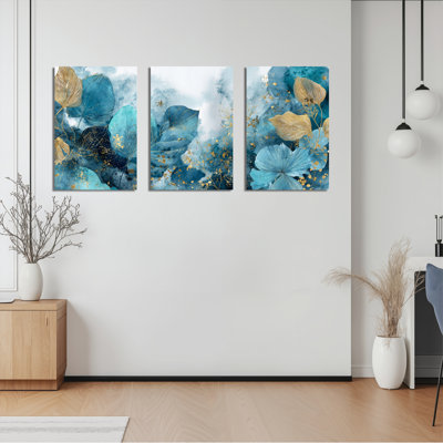 Abstract Blue and Gold Floral Canvas Wrapped Wall Art Set of 3