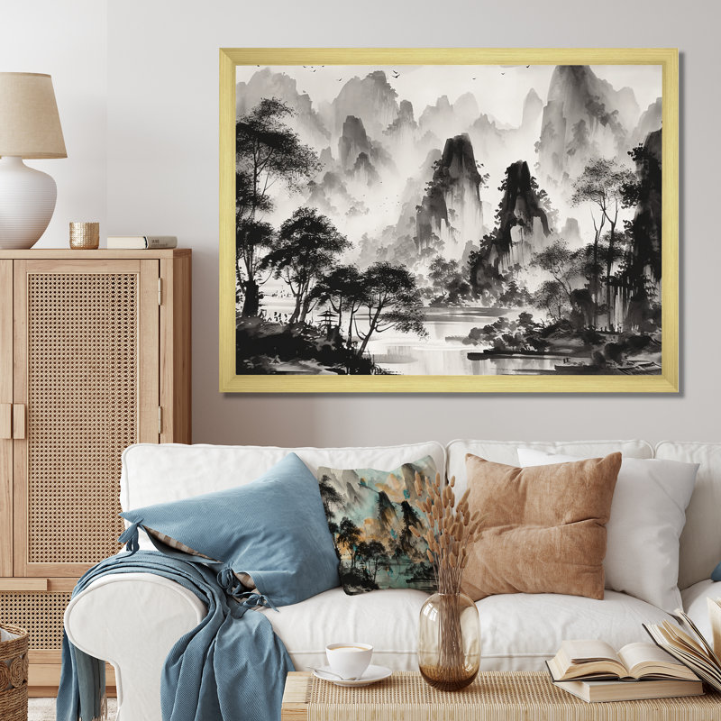 «Black and White Asia Mountains I», reproduction d'art sur toile, H 16 po x l 32 po x P 1 po, Encadrement doré