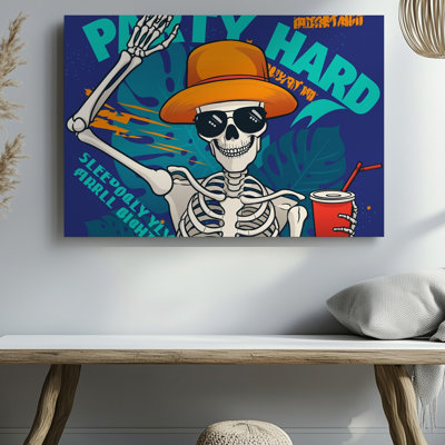 Toile, une illustration à thème rétro vibrante présente un art mural orné d'un squelette ludique avec des lunettes de soleil noires lustrées surdimensionnées et un art mural sur toile