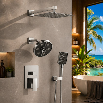 10" High Pressure Rainfall Shower System, Wall Mount Shower Faucet Set with Rain Shower Head, Fixed Shower Head and Handheld Shower Head, 9 Spray Modes