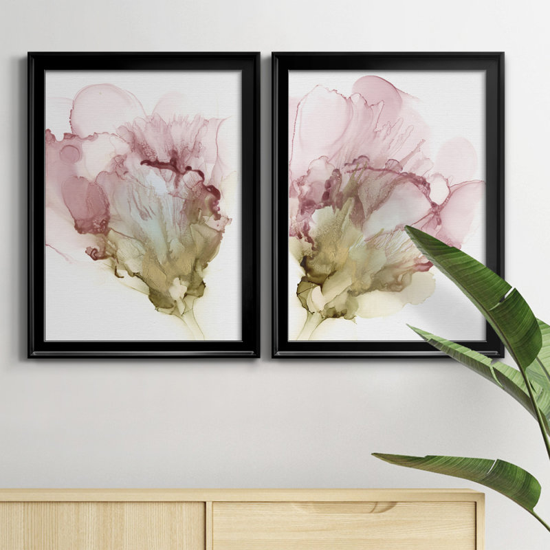 «Flowering Pink I», ensemble de 2 impressions sur toile encadrées, Cadre noir, H 36,5 po x l 26,5 po x P 1,25 po