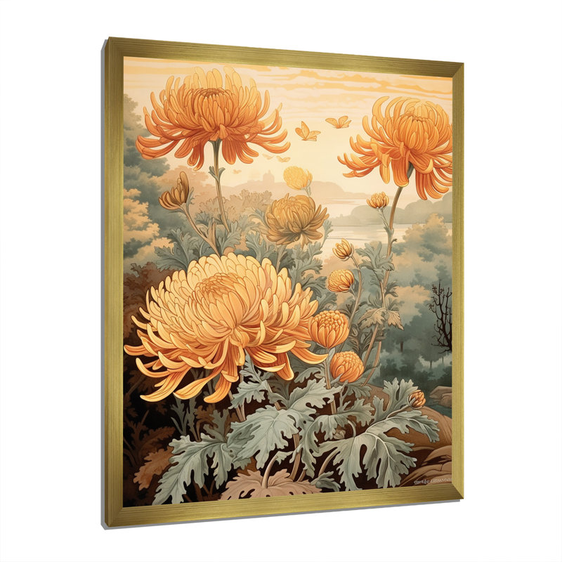 «Blooming White Orange Chrysanthemum Retro Art I», reproduction, H 20 po x l 12 po x P 1 po, Cadre photo doré simple