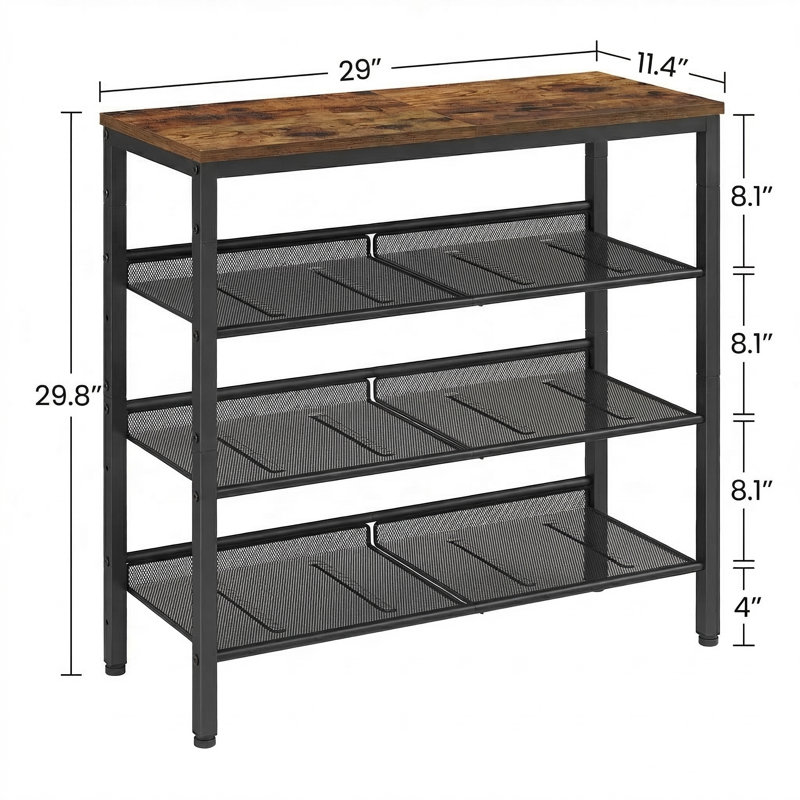 Range-chaussures à 4 niveaux et 12 paires de l 29 po avec tablettes réglables, H 29,8 po x l 29 po x P 11,4 po, Brun / Noir
