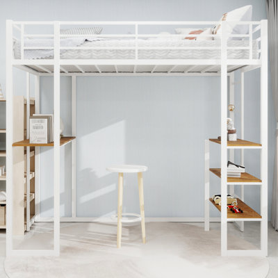 Twin Size White Iron Bed With Built - In Table And Railing, Functional For Bedroom, Stable Structure, Double Supported Legs, Quick Setup L Shaped Desk, Space Saving Wobble , Legs
