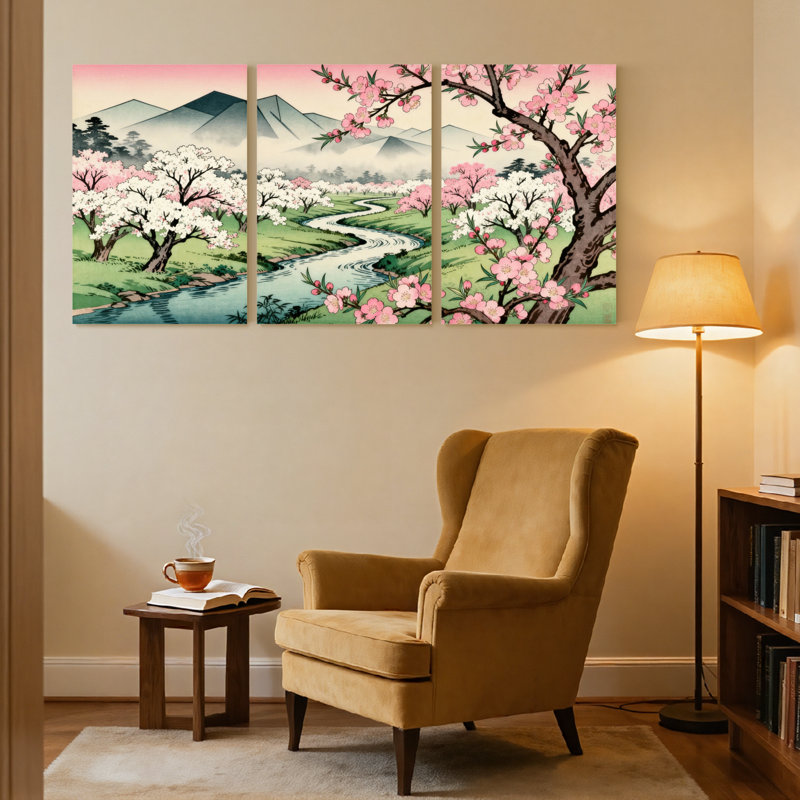«Spring Cherry Blossom Mountain Stream», ensemble de 3 impressions sur toile, H 36 po x l 72 po