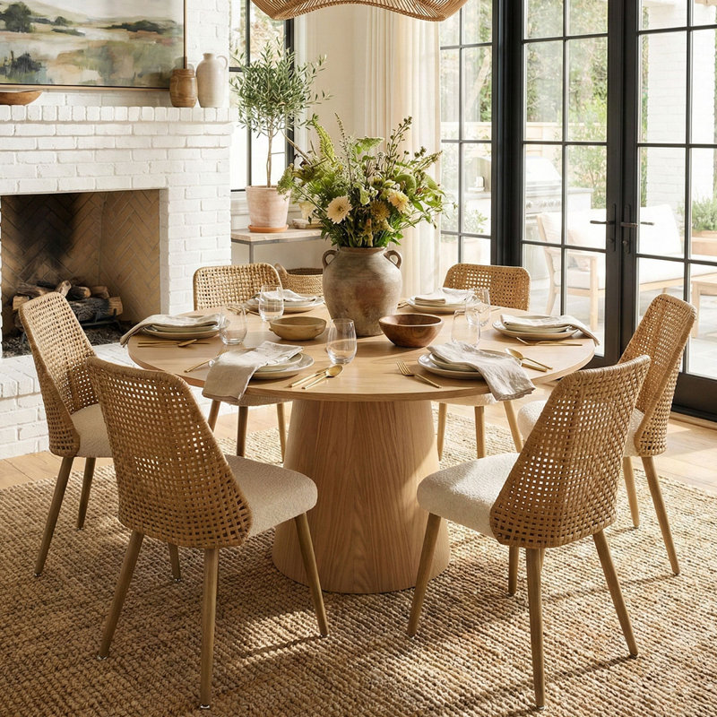 6 - Person Dining Table Sets With 60'' Round Table & 6 Upholstered Rattan Chairs