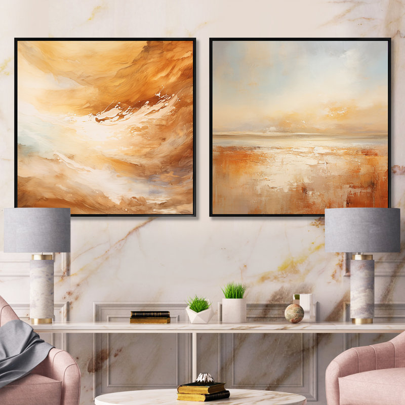 Beige Sandy Clouds Horizon I - ensemble de 2 nuages carrés, Cadre flottant noir, H 16 po x l 33 po