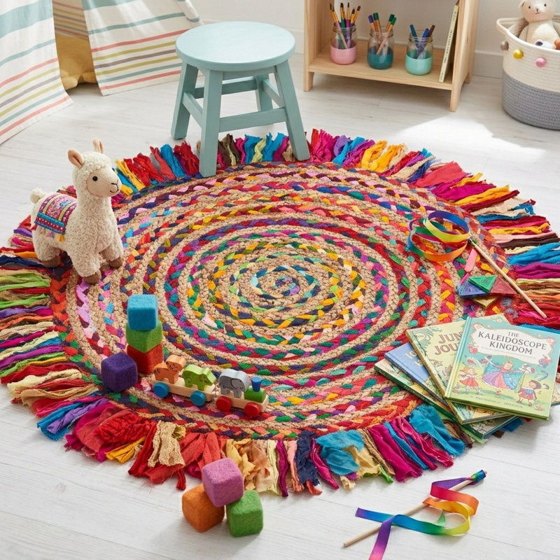 Whimsical Hand-braided Natural Fiber Jute Round Indoor Area Rug with Fringe, Round 5'6"