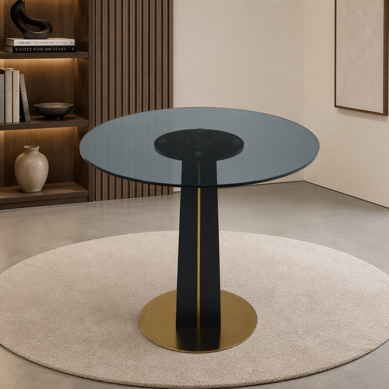 Table de ronde ronde moderne - plateau en verre trempé de 85 cm, pieds en bois noir avec base en métal doré