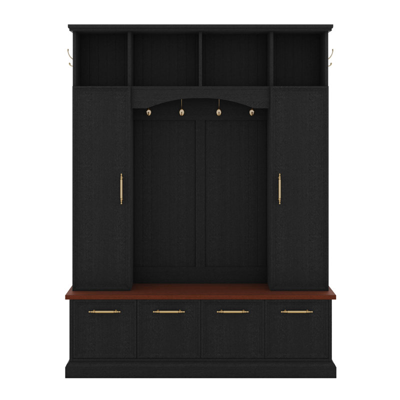 59" Farmhouse Hall Tree With Golden Hooks & Walnut Bench, Entryway Organizer With Adjustable Shelves, Shoe Storage, Black