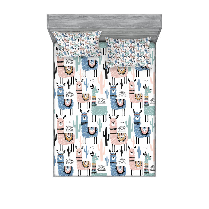 Ambesonne Llama Fitted Sheet & Pillow Sham , Multicolor, Calking Fitted Sheet Set + 4 Pillow Cases