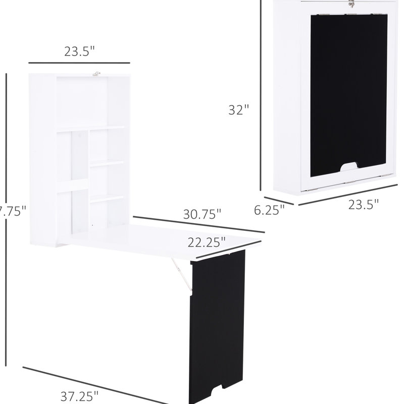Bureau pliable avec tableau noir et rangement, blanc, s'adaptant à des espaces restreints