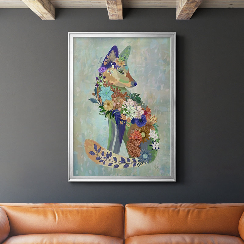 «Fantastic Florals Fox», reproduction encadrée de qualité supérieure - prête à être accrochée, Argent