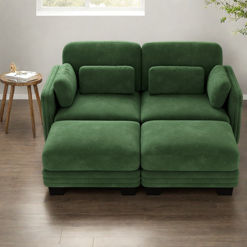 Canapés d'angle à compression, causeuse modulaire deux places en chenille verte, intérieur moderne