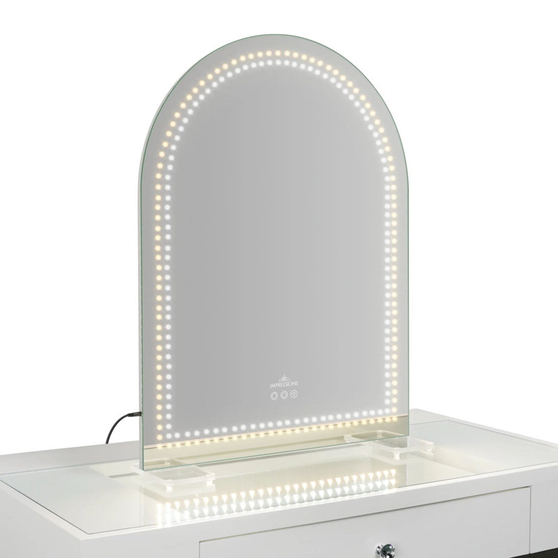 Stage Lite Arch Vanity Mirror with LED Lights, Soft Touch Sensors, 3 Dimmable Light Temperatures, Frosted globe LED bulb