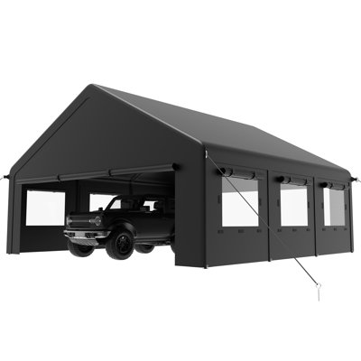 20 ft. x 20 ft. Fabric Carport Canopy with Side Door and Roll-Up Windows, Black