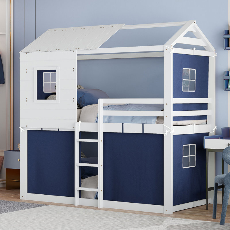 Lit superposé en bois avec tente, Bleu, Lit simple
