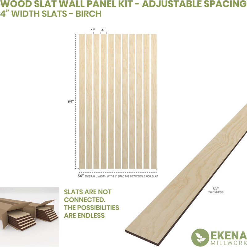 Adjustable Wood Slat Wall Panel Kit, Birch, 3"W x 47"H x 0.375"T