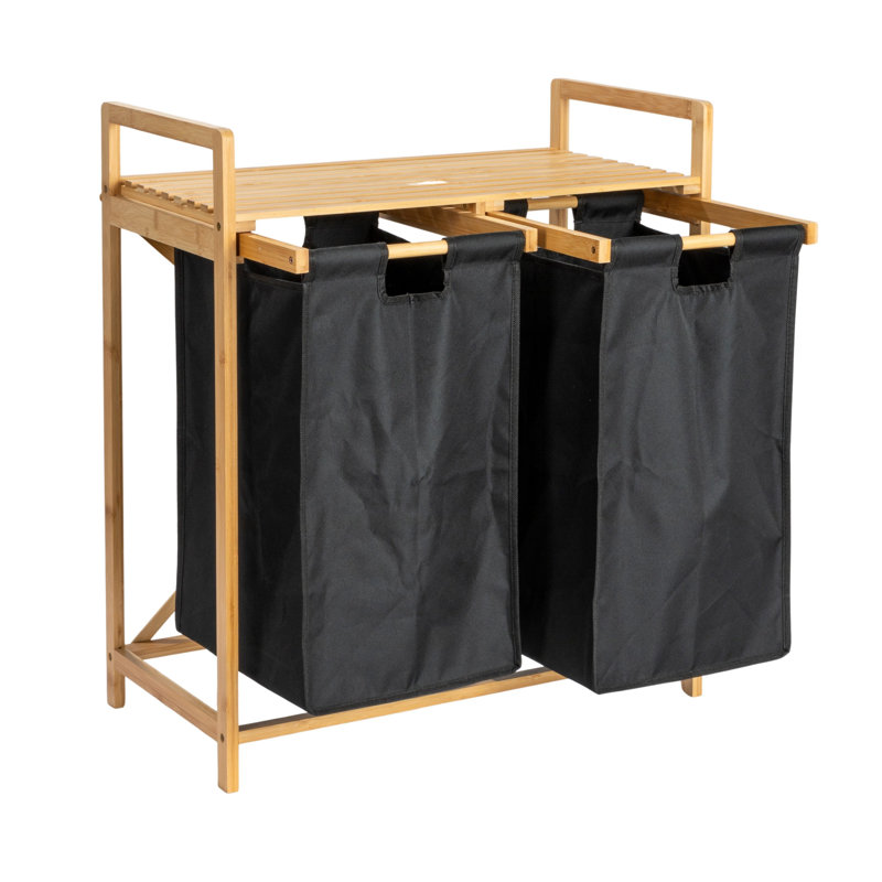 Natural Bamboo and Black Fabric Double Tilt-Out Hamper with Shelf