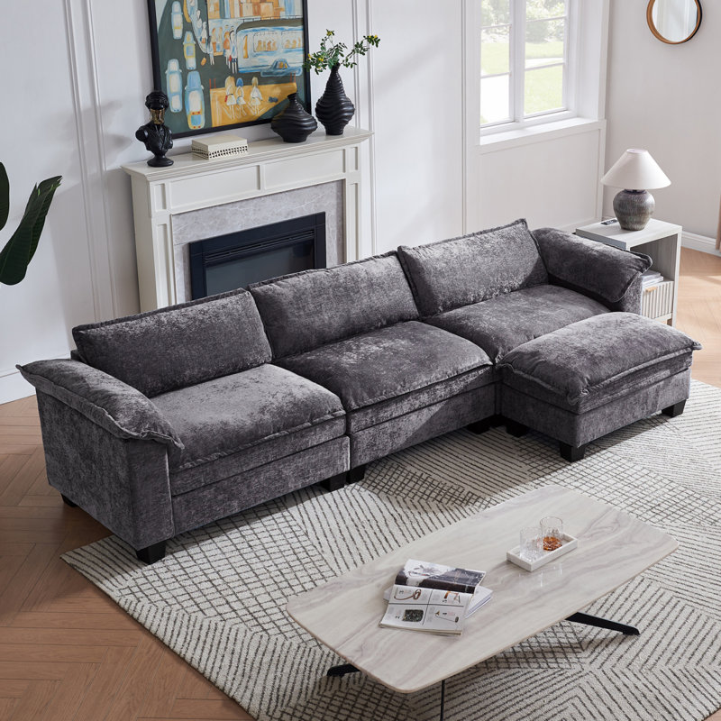 Canapé modulaire confortable avec repose-pieds, canapé moelleux en forme de L de 120 po à 3 sièges profonds et canapé-lit moderne