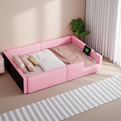 Twin Size Upholstered Platform Bed With Guardrail And Charging Station