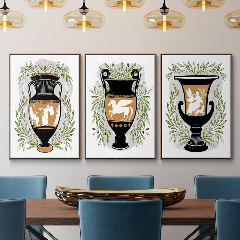 Vases grecs I 3 pièces, H 40 po x l 90 po x P 2 po, Noyer