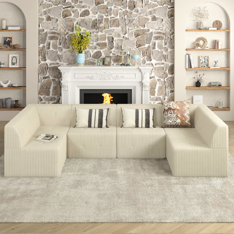 Canapé modulaire moderne pour chambre à coucher beige - tissu doux, sièges spacieux, sans assemblage en velours côtelé pour les appartements, confortable, tissu