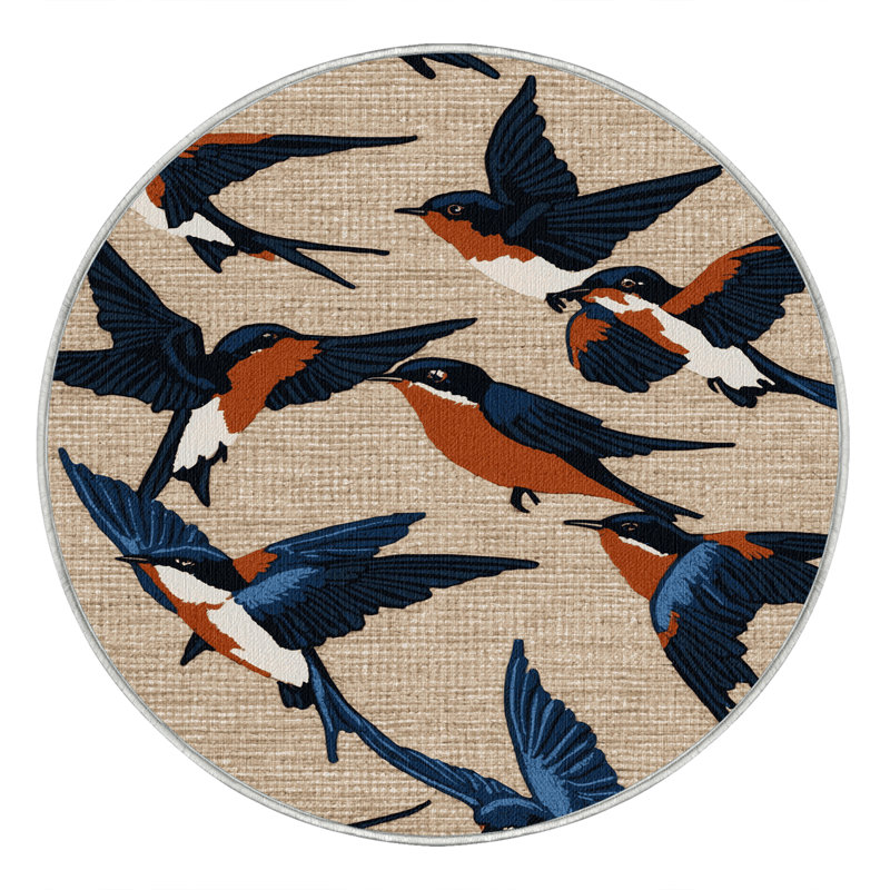 Washable Barn Swallow Birds Area Rug, Round 6'