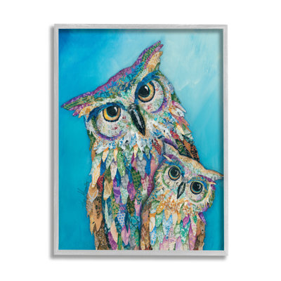 «Pair Wise Owls Varied Patterns Collage» par Lisa Morales - peinture à cadre flottant sur toile