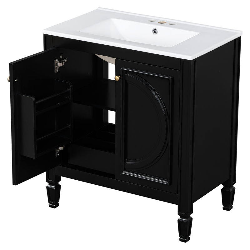 Meuble-lavabo de 60 po pour lavabo double, construction en bois massif, design rétro, lavabo en céramique avec trop-plein en métal, tiroir réglable à largeur variable de 60 po et décor élégant