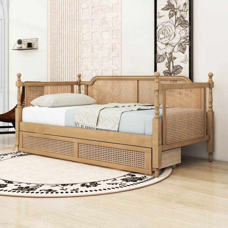 Wooden Daybed with 2 Drawers and Slats, Twin, Antique Walnut