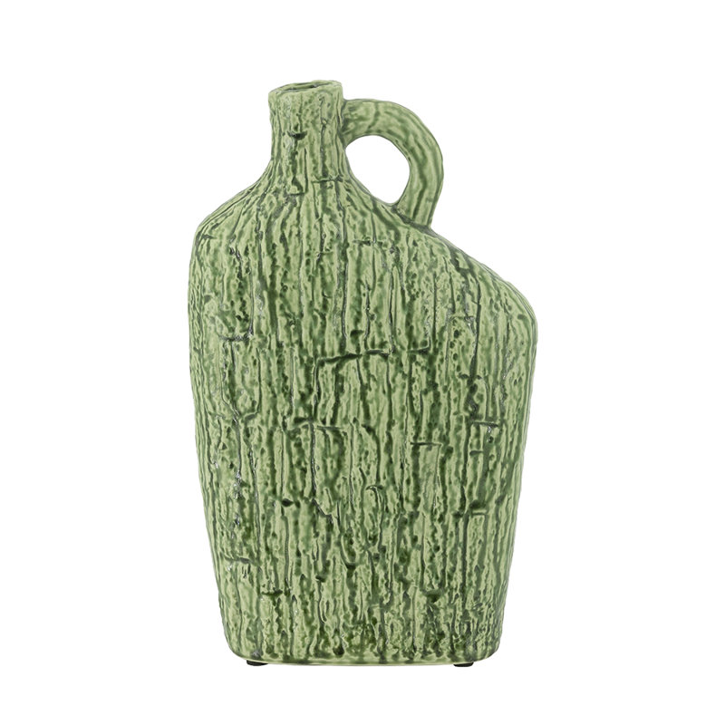 8.5X4X14" Asymmetrical Green Ceramic Vase With Handle And Organic Texture, 13.8" H x 8.5" W x 3.9" D