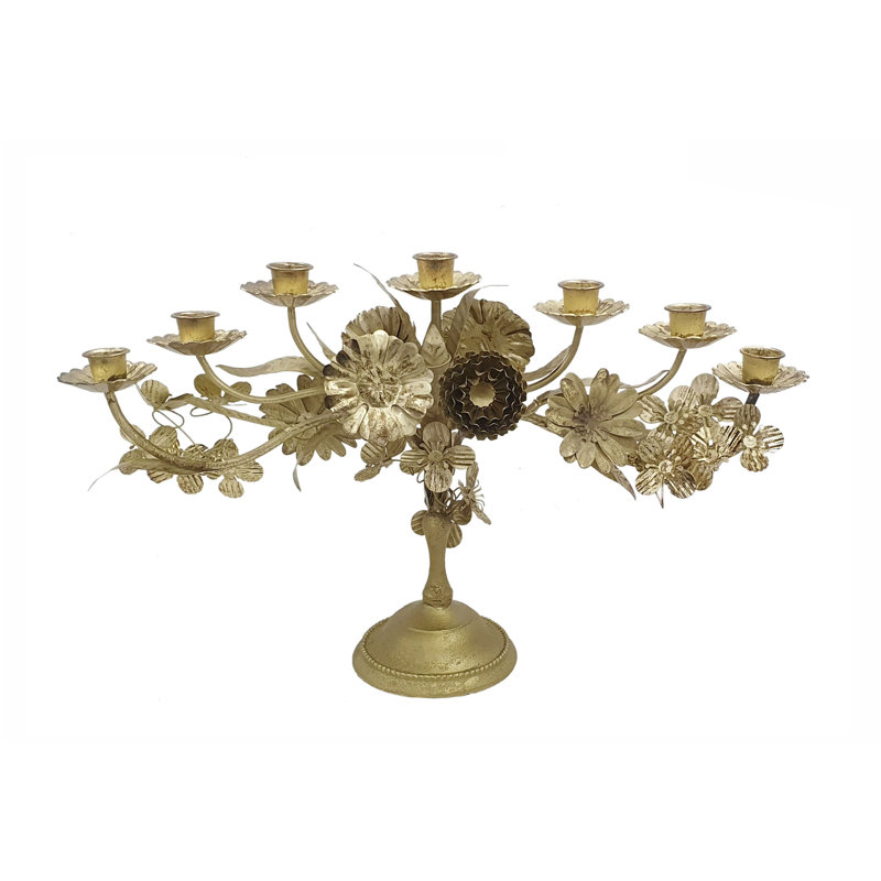 18.5x4.3x11" Ornate 7-Light Iron Taper Candle Holder With Gold Floral Design