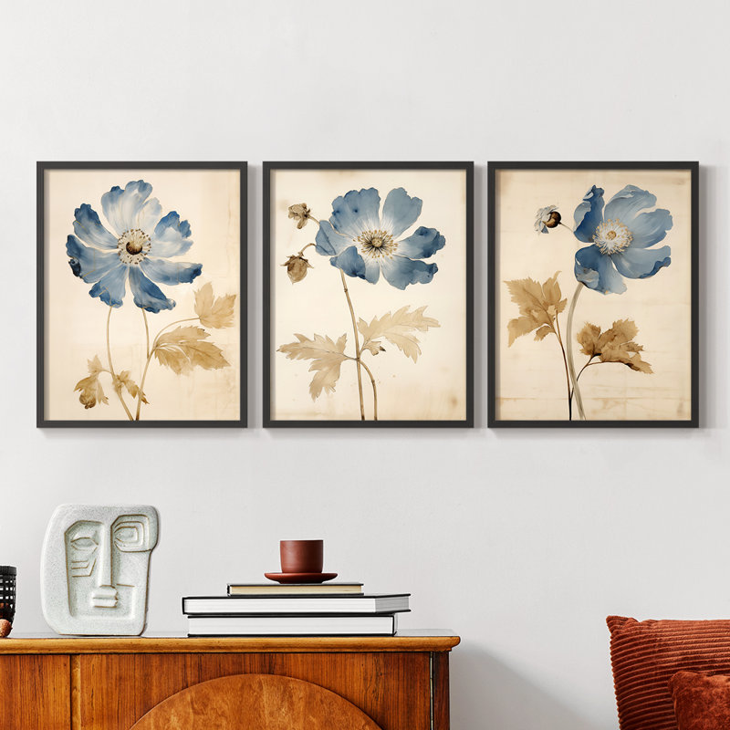 Étude florale XXI - ensemble de 3 estampes numériques - prêt à être accroché, Noir, noir, noir, noir, H 20 po x l 48 po