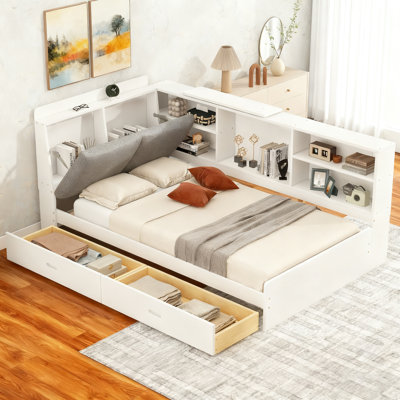 Lit simple avec rangement et tête de lit en bois, tablettes et 2 tiroirs