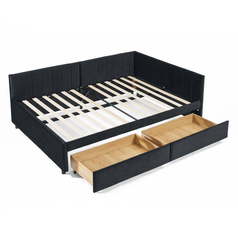 Full Size Upholstered Tufted Bed Frame With Two Drawers, Sofa Bed Frame With Comfortable Backrest And Armrests, Velvet, Black