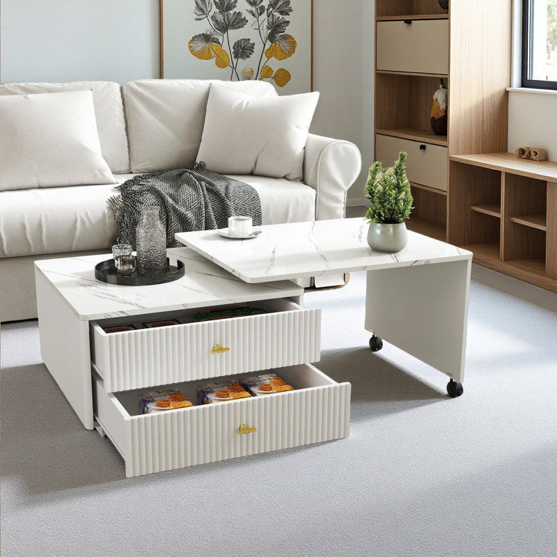 Table basse extensible avec rangement, table de salon réversible à 2 tiroirs et à 6 roulettes