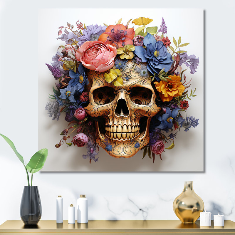 Motif floral crâne à la mode en or I - art mural mode crâne, Toile tendue, H 16 po x l 16 po x P 1 po