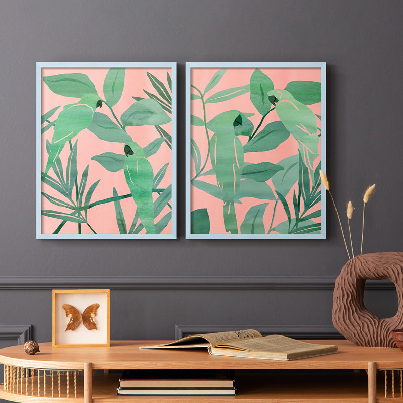 Oiseaux de paradis rose et vert, reproduction encadrée de qualité supérieure - prête à être accrochée - aucun clou requis - aucun clou requis