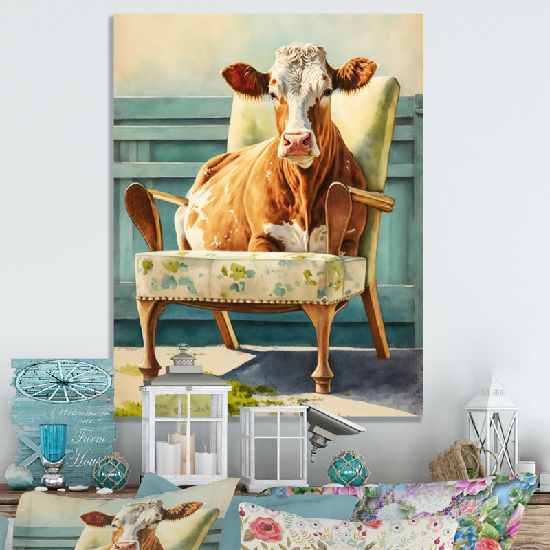 Vache sur une chaise II - Vache, art mural, H 20 po x l 12 po, Toile tendue