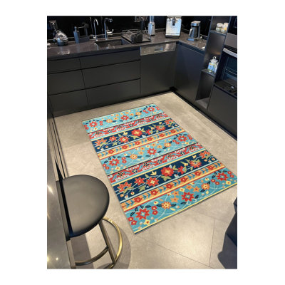 Tapis tissé à rayures multicolores lavable à motif floral