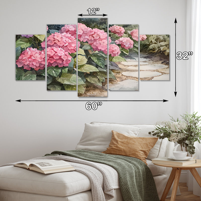 Hortensias dans l'allée de jardin monochrome I - Art mural hortensia - Art mural traditionnel, H 32 po x l 60 po, 5