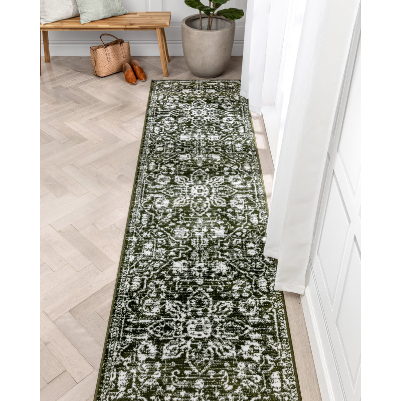 Tapis vert floral rétro Dazzle, Tapis de couloir 2 pi 7 po x 9 pi 10 po