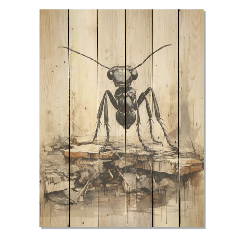 «Minimalist March Charcoal Ant», art mural sur bois de pin naturel, H 20 po x l 10 po