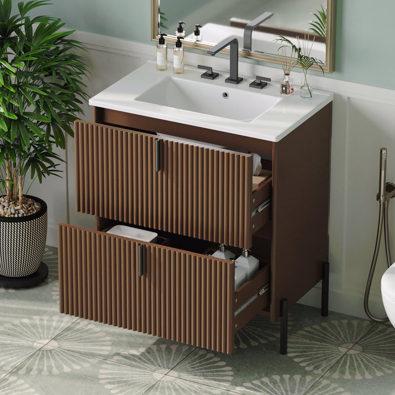 Meuble-lavabo de 30 po avec lavabo en céramique, autoportant, poignées verticales + tiroirs pleine extension, conception cannelée, glissières de tiroir à fermeture en douceur