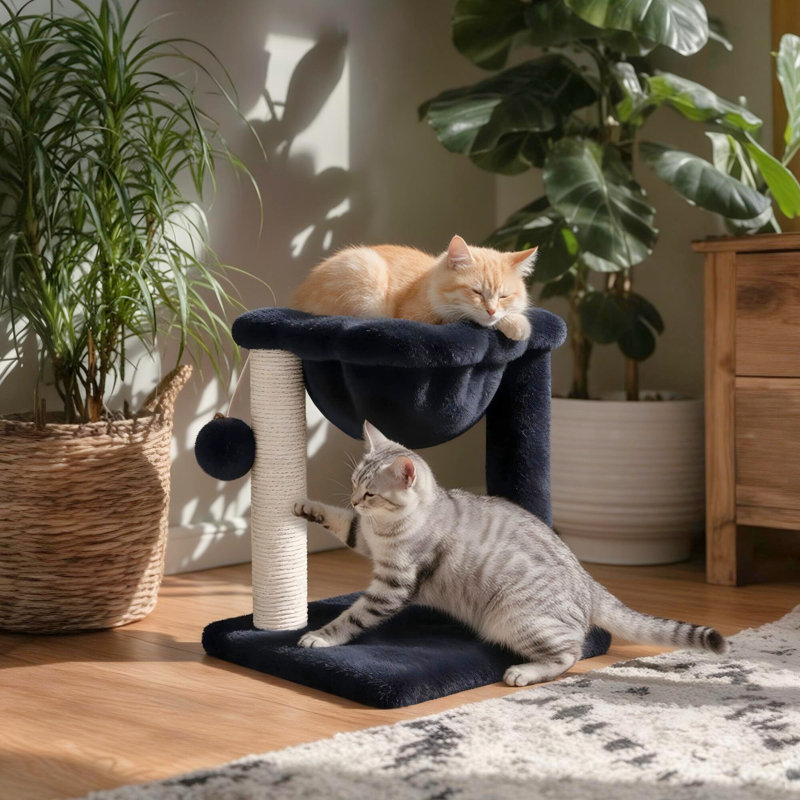Tour à chat 14,1 po avec hamac, poteau à griffes en sisal et boule pendante, Bleu