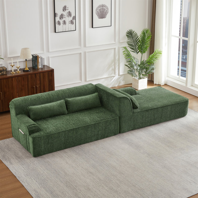 Canapé modulaire surdimensionné en forme de L Boneless, Chenille verte, Face à la droite